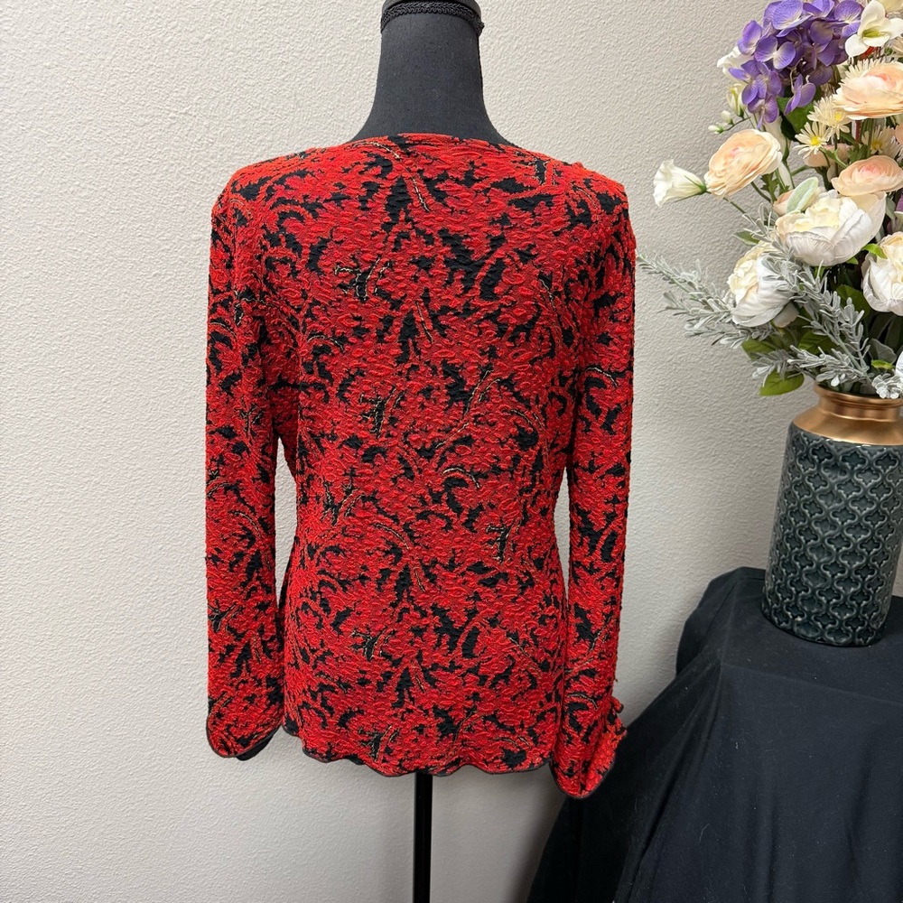 Brittany Black Red Black Floral Tie Front Ring Accent Cardigan Top Medium - Picture 4 of 8